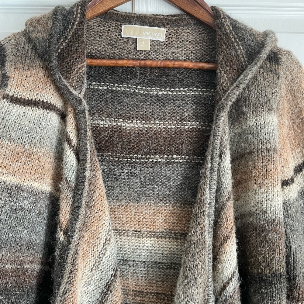 Michael Kors Open-Front Hooded Cardigan Sweater Brown Tan Cream Earth Tones S - Picture 2 of 10